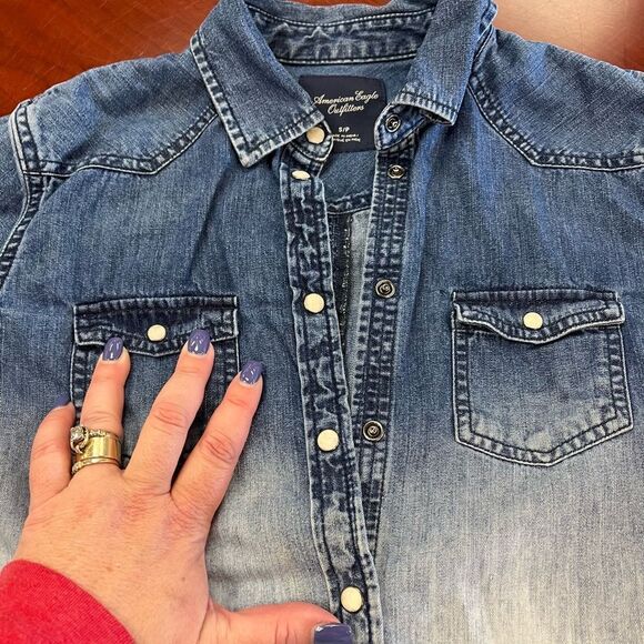 American Eagle Outfitters Denim Ombré Western Snap Button Down Shirt sz S - Picture 3 of 6